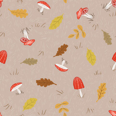 Vector colorful natural seamless patterns with fall leaves, mushrooms, and plants. Beautiful autumn collection. - 525162982