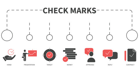 Check Marks sign Vector Illustration concept. Banner with icons and keywords . Check Marks sign symbol vector elements for infographic web