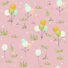 Colorful Balloons flying in the sky, pink background, seamless pattern - 525163323