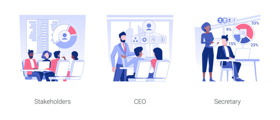 Board of directors isolated concept vector illustration set. Stakeholders discuss business strategy, CEO at business meeting, secretary of company department, corporation hierarchy vector cartoon.