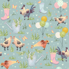 Funny design with chickens, rooster, balloons. Garden party. Seamless pattern. Raster - 525163398