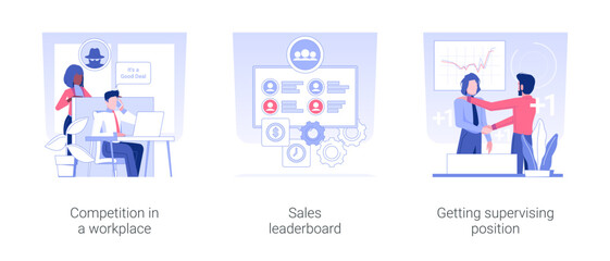 Career promotion isolated concept vector illustration set. Competition in a workplace, sales leaderboard, getting supervising position, HR management, human resources vector cartoon.