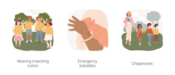 Keeping children safe on field trips isolated cartoon vector illustration set. Wearing matching colors, emergency bracelets, chaperones for excursion outdoors, bright jackets vector cartoon.