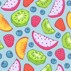 Summer colorful fruit pattern of kiwi, raspberries, blueberries, peaches, papaya and strawberries