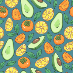 Colorful summer pattern of exotic fruits, avocado, citrus and persimmon