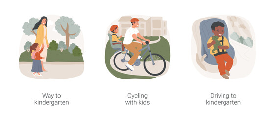 Fototapeta premium Going to kindergarten isolated cartoon vector illustration set. Way to kindergarten, cycling with kids, driving with kids, walking on a sidewalk, family routine in early childhood vector cartoon.