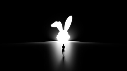 3D Silhouette of a Man Walking Into a Rabbit Hole.