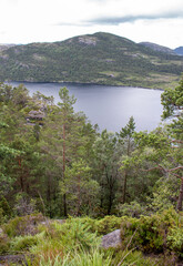 Fototapeta na wymiar Lake Revsvatnet and landscape at Prekestolen (Preikestolen) in Rogaland in Norway (Norwegen, Norge or Noreg)