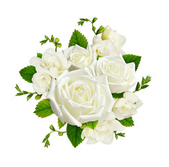 White roses and freesia flowers in a floral arrangement isolated
