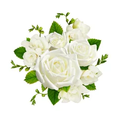 Fototapeten White roses and freesia flowers in a floral arrangement isolated © Ortis