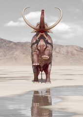 mammoth in the desert after rain is standing up with copy space