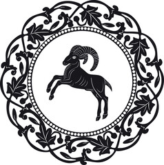 goat logo with floral frame handmade vector design