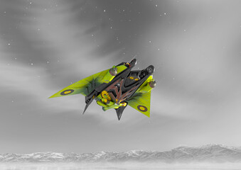 alien space ship is passing by on ice planet side view