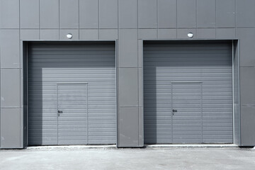 Two entrances with lifting gates in a modern building with a gray facade. There are doors. Background. Architecture.