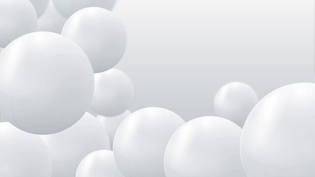 Abstract background with falling 3d white balls. Dynamic flying colorful bubbles, futuristic composition with glossy spheres. Modern trendy banner or poster design