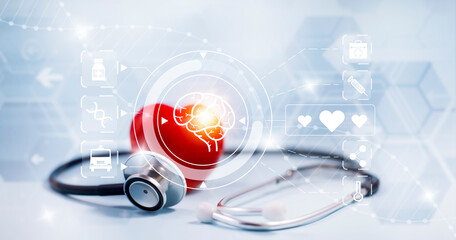 Concept stethoscope and red heart with Health insurance, doctor stethoscope and red heart check heart health care, instrument for checking heart on the white background represents exercise, isolated