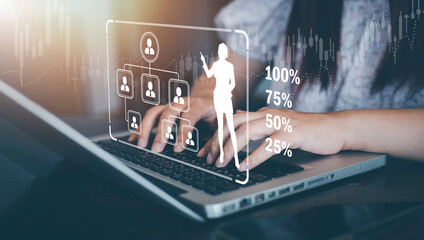 Businesswoman hand using laptop to play social media,Human icon with a notification people icon,Social Distancing ,Teamwork Concept, international consulting company. Social networking hologram icons.