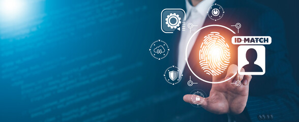 Business touch scan fingerprint of a media screen, internet of things. new technology big data and business process strategy, automate operation, customer service management, online market concept