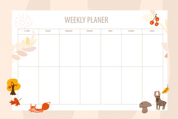 weekly planer blank vector background with autumn seasonal elements - obrazy, fototapety, plakaty