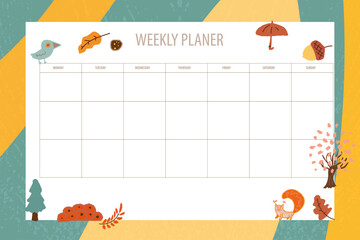 weekly planer blank vector background with autumn seasonal elements - obrazy, fototapety, plakaty