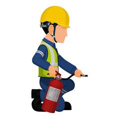 Isolate worker with the extinguisher on transparent background
