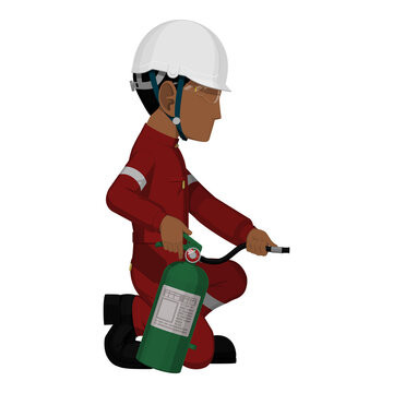 Isolate worker with the extinguisher on transparent background
