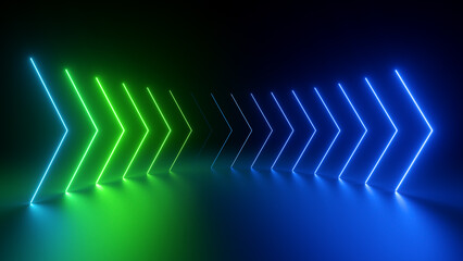 3d render, abstract panoramic neon background with arrows showing right direction, green blue gradient glowing in the dark © wacomka