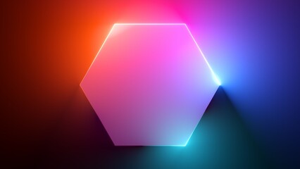 3d render, abstract colorful neon background with blank hexagonal frame. Simple geometric shape. Modern minimal wallpaper