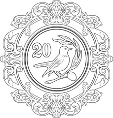 cyprus coin with bird and olive leaves line art vector