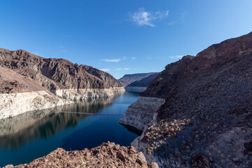 View of the Colorado River from the Hoover Dam showing the massive drop in water level
