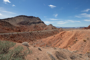 View of red sand in the desert on a sunny spring day at Lake Mead Recreation Area