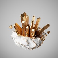 3d render, abstract white chalk rock stone with golden crystals isolated on white background. Aesthetic minimalist object