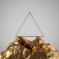 3d rendering, abstract geometric background with gold triangle frame on the top of the golden rock, showcase scene for product presentation. Aesthetic minimalist wallpaper