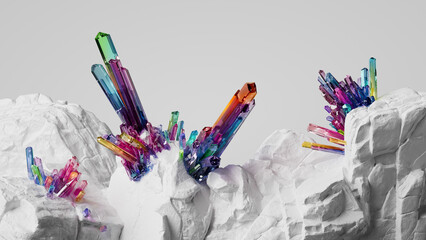 Fototapeta 3d rendering, abstract background with colorful iridescent crystals growing on white rock, chalk stone obraz