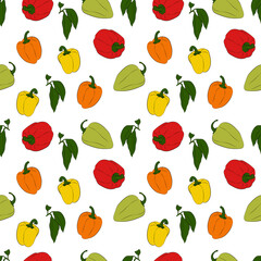 A set of seamless backgrounds with sweet peppers, leaves and flowers. Vector graphics