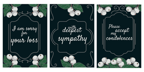 Condolence cards with white berries, inscription on a discreet banner - obrazy, fototapety, plakaty