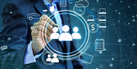 Young man touching future technology social network button