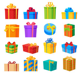 Set of colored gift boxes with bows. Beautiful bright packaging. Vector illustration