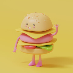 3d rendering illustration. Cheerful burger with cheese, cutlet and greens. 3d icon