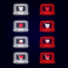 Shopping cart on laptop for apps and websites. Set of glowing neon icons