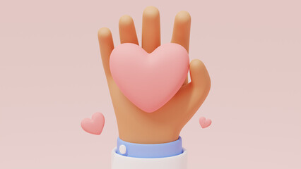 Hand with heart on pink background. Heart pulse, heartbeat lone, cardiogram. Healthy lifestyle, cardiac assistance, pulse beat measure, medical healthcare concept. 3d-render icon.