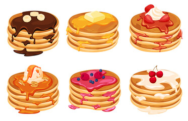 Homemade Pancakes with Jams. A delicious hearty breakfast. Fried pancakes. Vector illustration
