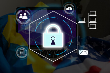 Technology concept with cyber security internet and networking, laptop, screen padlock icon on digital display. flag of Ukraine