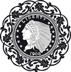 american dollar coin vintage 1908 with indian handmade vector design