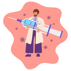 Professional doctor.Medical staff people.Male doctor vaccine and vaccination immunization.Medical syringeVector illustration flat cartoon style.