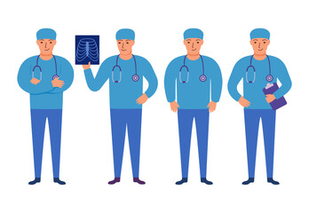 Male surgeon.Doctor man in uniform. Medical surgeon doctor looking at x-ray picture.Radiologist looking at human xray.Avatar of young smiling doctor.Isolated on white background. 