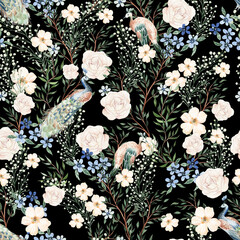 Watercolor seamless pattern with pink and blue flowers and leaves, different leaves and peacoc bird. Illustration