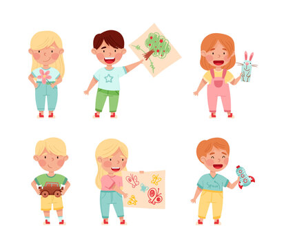 Happy kids creating and playing with handmade toys set cartoon vector illustration