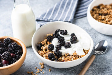 Fototapeta na wymiar Breakfast yogurt bowl with blackberries and oat honey crunchy granola, closeup view