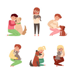 Happy people with their pets set. Pet owners hugging and playing their cats and dogs cartoon vector illustration